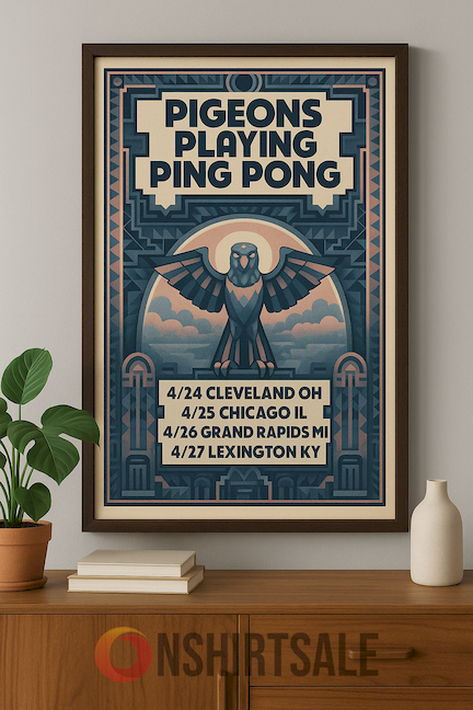 Pigeons Playing Ping Pong Art Deco Tour Poster, Framed Concert Wall Art Print Pigeons Playing Ping Pong Art Deco Tour Poster, Framed Concert Wall Art Print