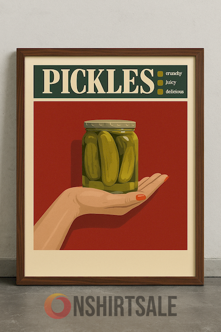 Vintage Pickles Poster, Crunchy Juicy Delicious Retro Jar Art Print for Kitchen Wall Decor Vintage Pickles Poster, Crunchy Juicy Delicious Retro Jar Art Print for Kitchen Wall Decor