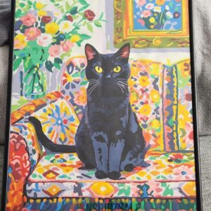 Black Cat Colorful Art Print, Vibrant Framed Wall Decor with Floral Couch and Painting for Cat Lovers