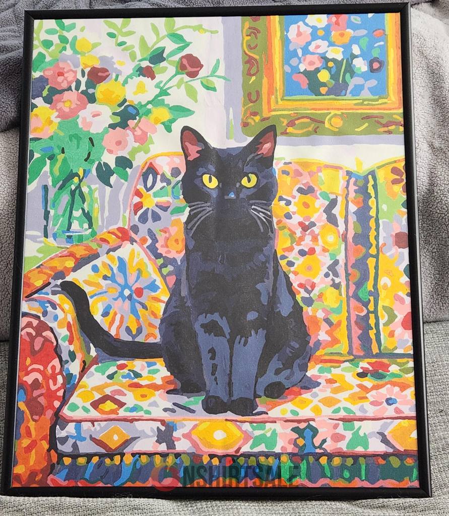 Black Cat Colorful Art Print, Vibrant Framed Wall Decor with Floral Couch and Painting for Cat Lovers Black Cat Colorful Art Print, Vibrant Framed Wall Decor with Floral Couch and Painting for Cat Lovers