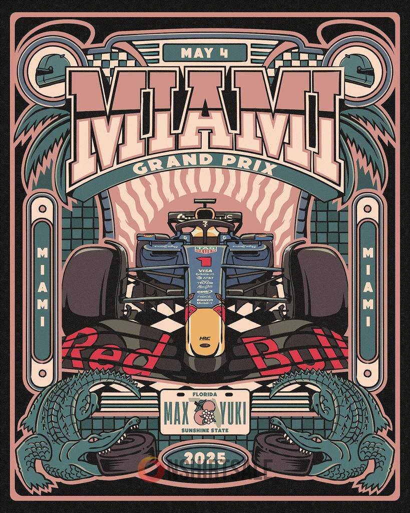 Miami Grand Prix 2025 Poster, Red Bull Racing Max & Yuki Art Print, Formula 1 F1 Race Wall Decor Miami Grand Prix 2025 Poster, Red Bull Racing Max & Yuki Art Print, Formula 1 F1 Race Wall Decor